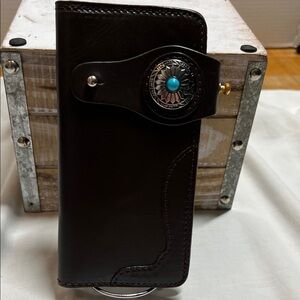 Black Leather Wallet with Turquoise Accent